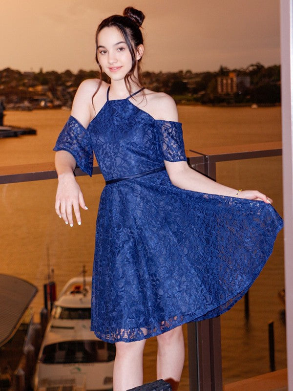 Charming Lace Ruffles Halter Short Sleeves Knee-Length Junior/Girls Bridesmaid Dresses-Ballbella