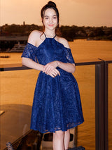 Charming Lace Ruffles Halter Short Sleeves Knee-Length Junior/Girls Bridesmaid Dresses-Ballbella