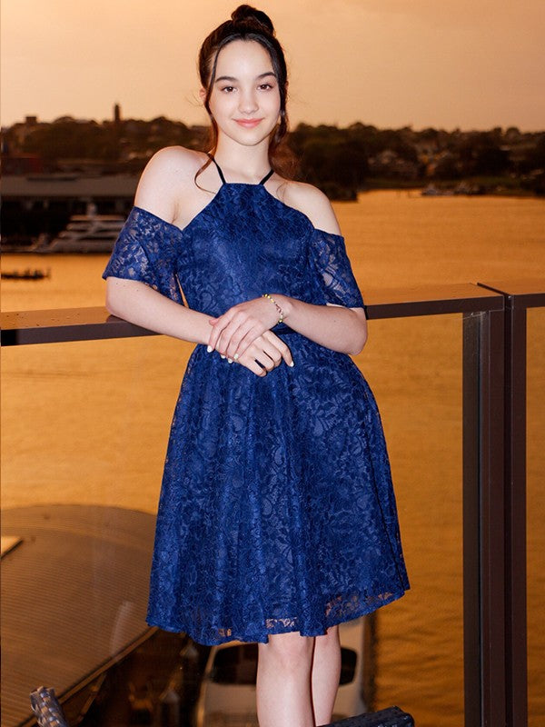 Charming Lace Ruffles Halter Short Sleeves Knee-Length Junior/Girls Bridesmaid Dresses-Ballbella