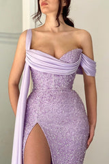 Charming Lilac Long Glitter Off-the-Shoulder Mermaid Prom Dresses Long Slit Online-Ballbella