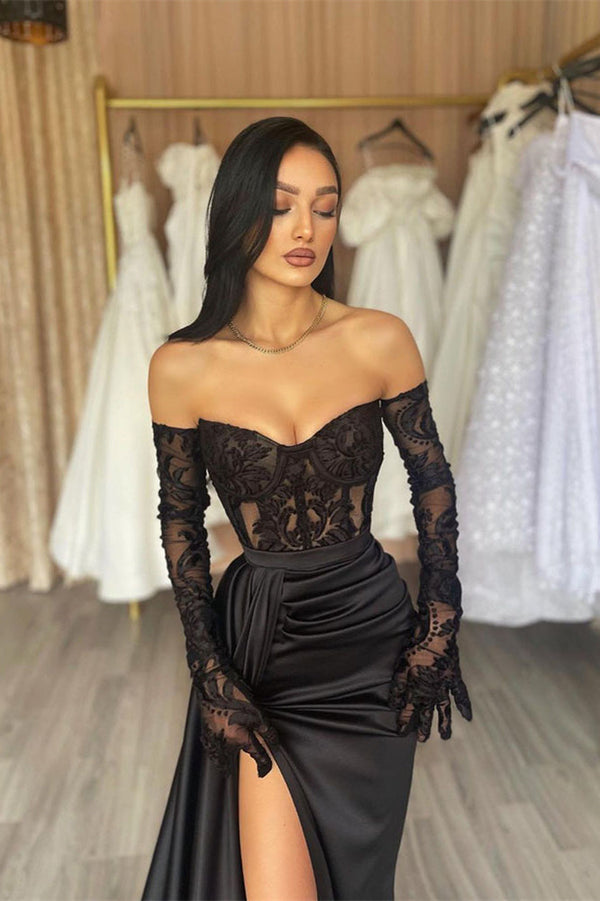 Charming Long Black Off-the-Shoulder Lace Mermaid Long Sleeves Prom Dresses Long Slit Online Charming Long Black Off-the-Shoulder Lace Mermaid Long Sleeves Prom Dresses Long Slit Online