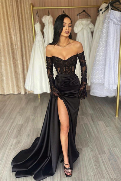Charming Long Black Off-the-Shoulder Lace Mermaid Long Sleeves Prom Dresses Long Slit Online Charming Long Black Off-the-Shoulder Lace Mermaid Long Sleeves Prom Dresses Long Slit Online