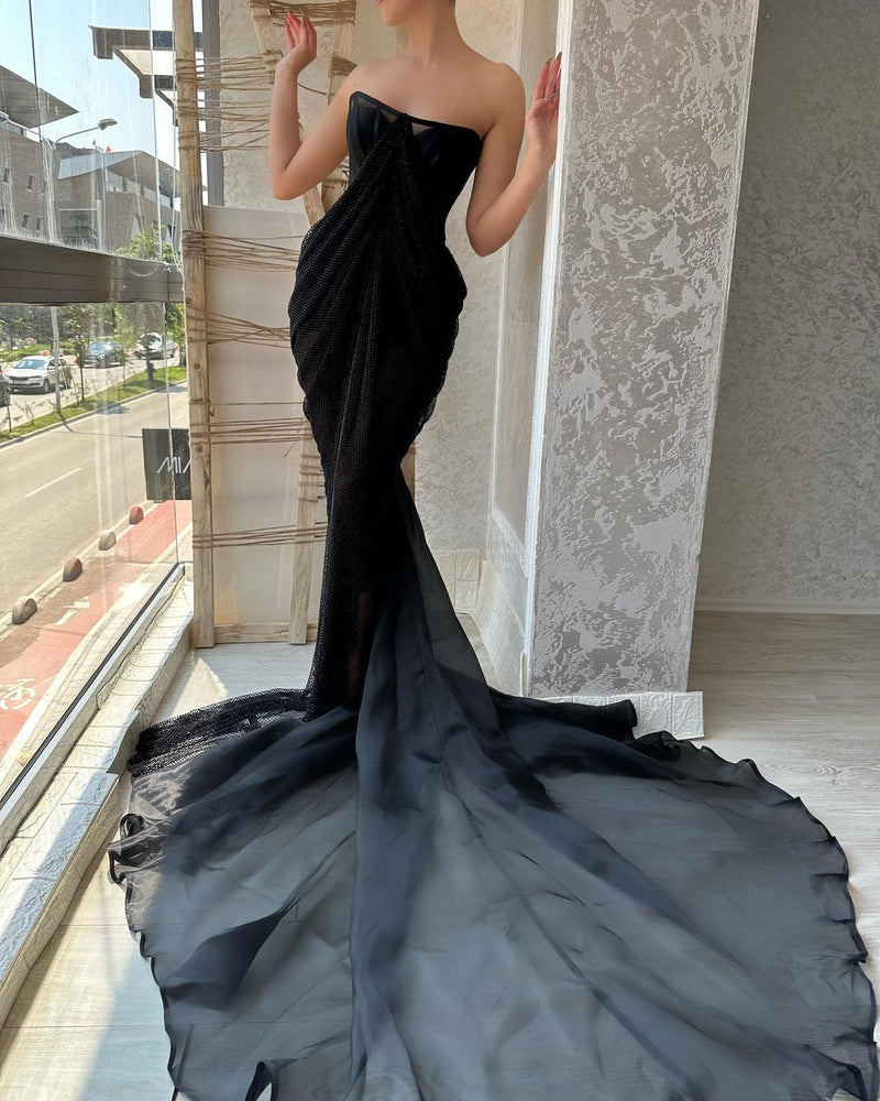 Charming Long Black Strapless Front Split Long Prom Dresses Charming Long Black Strapless Front Split Long Prom Dresses