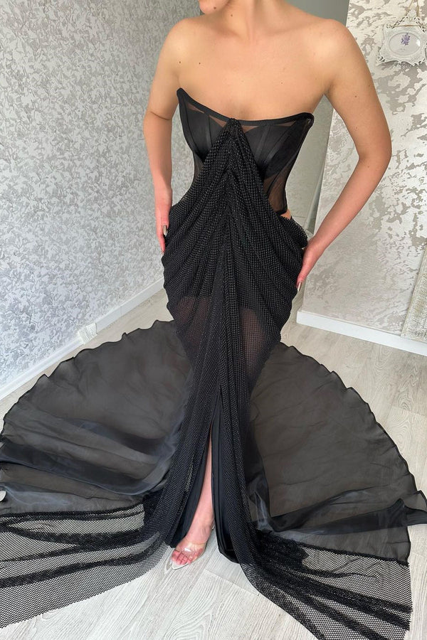Charming Long Black Strapless Front Split Long Prom Dresses-Ballbella