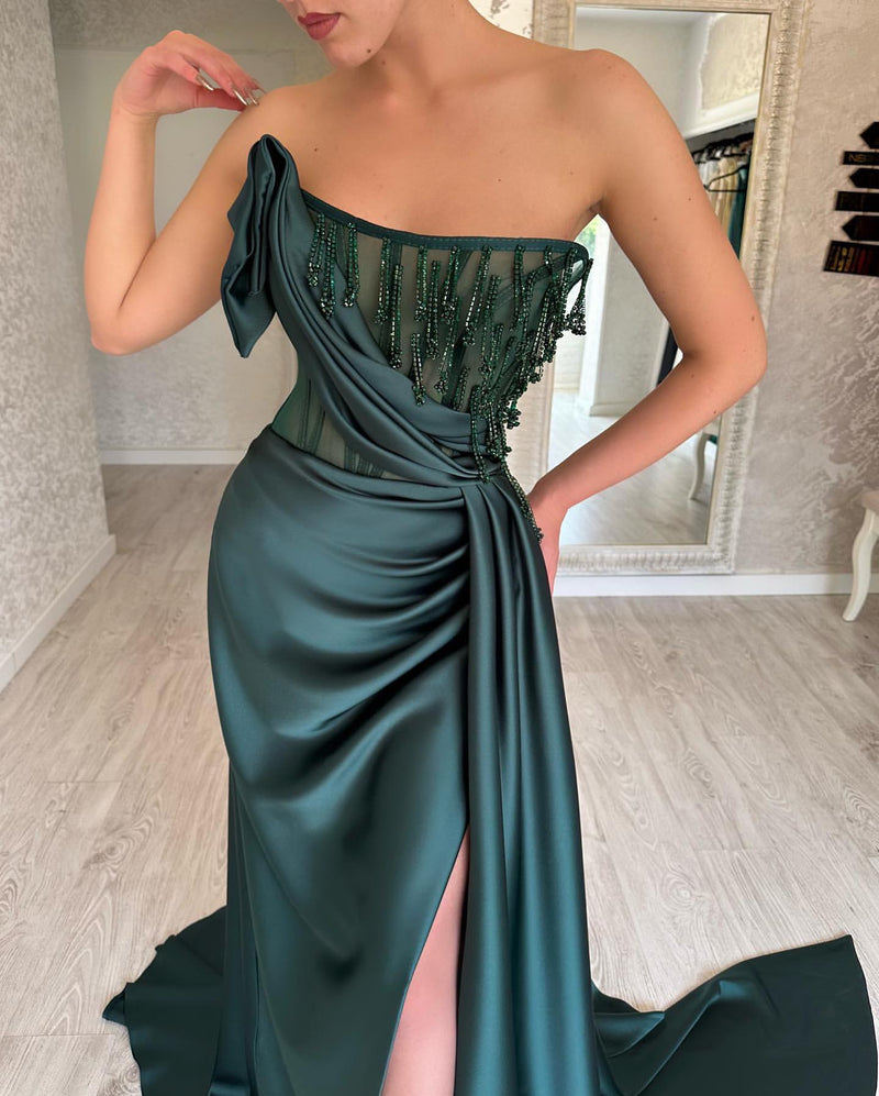 Charming Long Dark Green Sleeveless Beading Prom Dresses Long Slit Online-Ballbella