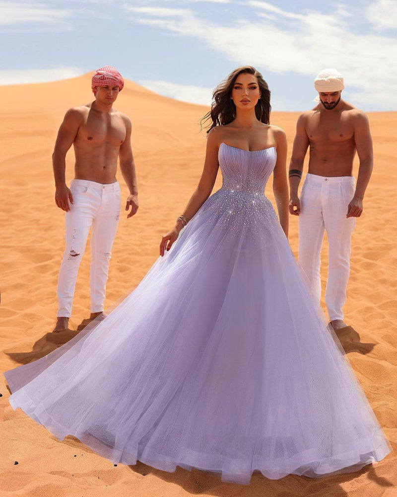 Charming Long Lilac Sleeveless Crystals Tulle Prom Dresses Charming Long Lilac Sleeveless Crystals Tulle Prom Dresses