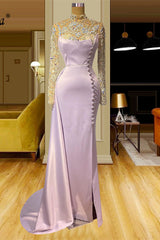 Charming Long Mermaid High Neck Lace Beading Evening Prom Dresses With Long Sleeves-Ballbella