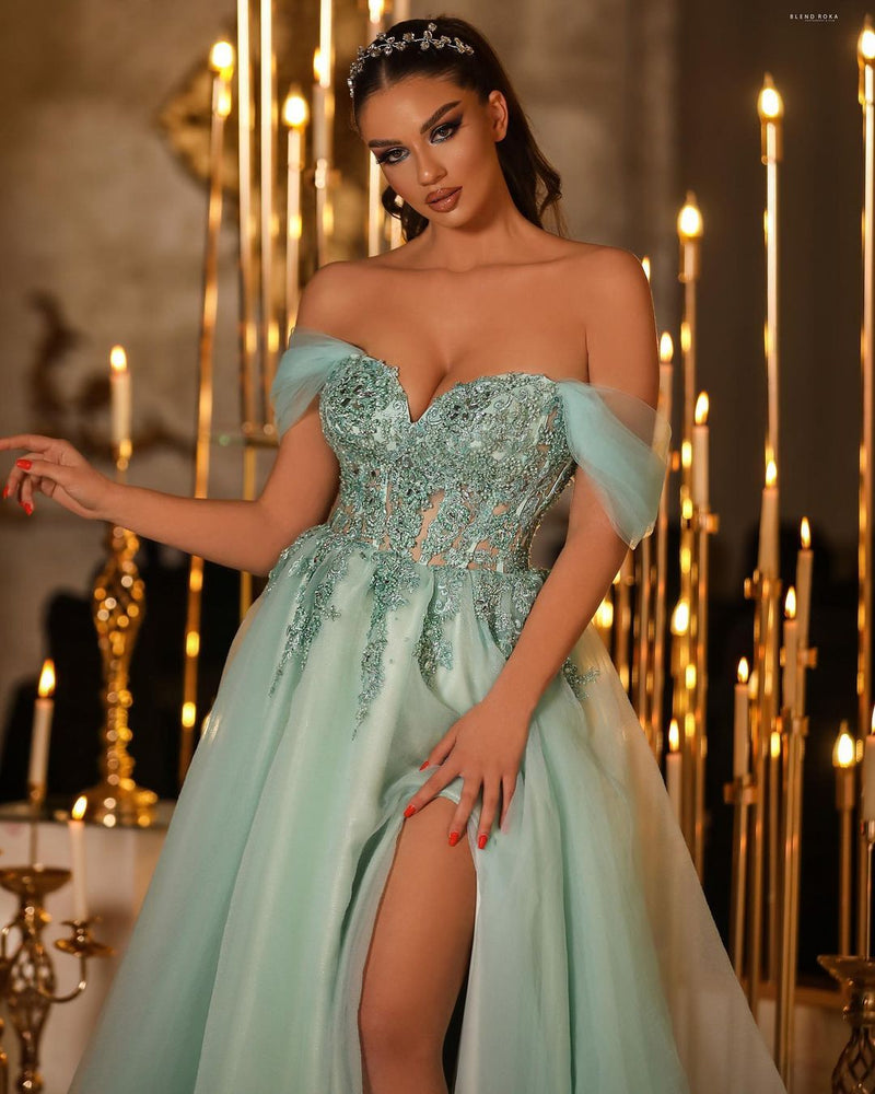 Charming Long Off-the-Shoulder Lace Beading Prom Dresses Long Slit Online Charming Long Off-the-Shoulder Lace Beading Prom Dresses Long Slit Online
