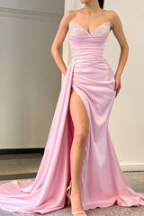 Charming Long Pink Sleeveless Front Split Satin Evening Prom Dresses With Beading-Ballbella