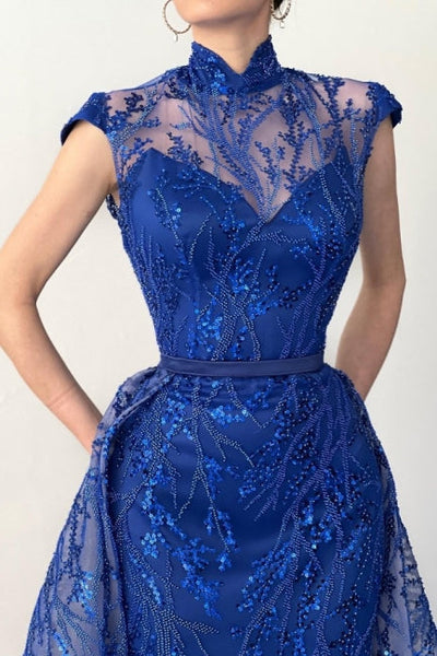 Charming Long Royal Blue High Neck Lace Sleeveless Prom Dresses with Detachable Train