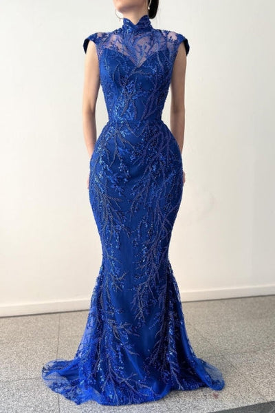 Charming Long Royal Blue High Neck Lace Sleeveless Prom Dresses with Detachable Train