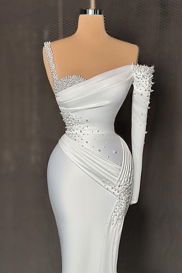 Charming Long Satin One-Shoulder Mermaid Evening Prom Dresses With Beading-Ballbella