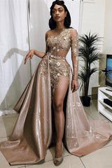 Charming Long Sleeve Long Split Prom Dress With Lace Appliques-Ballbella