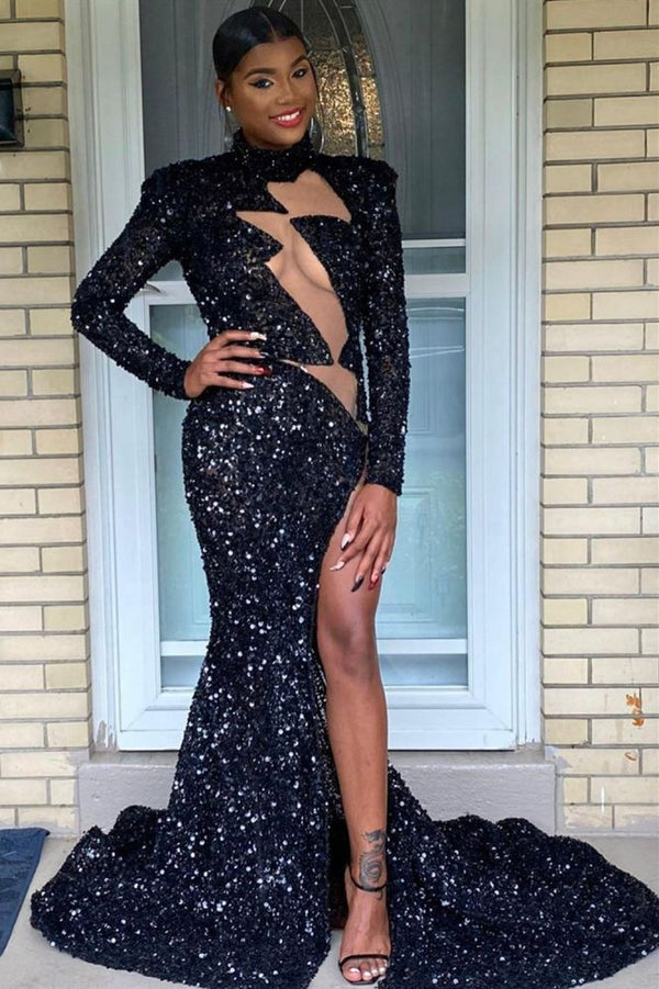 Looking for Prom Dresses, Evening Dresses in Sequined,  Mermaid style,  and Gorgeous Split Front, Sequined work? Ballbella has all covered on this elegant Charming Long Sleeves Sequins Front Split Prom Dress.