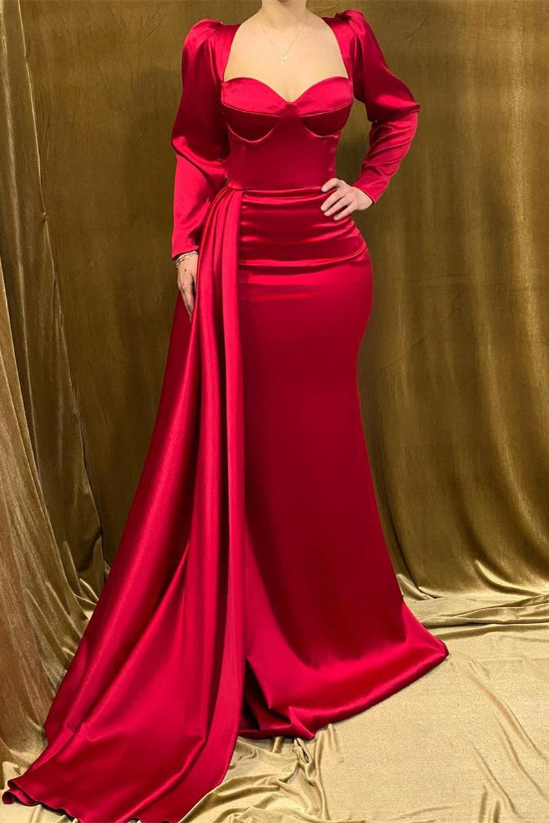 Charming Long Strapless Red Satin Mermaid Evening Prom Dresses With Long Sleeves-Ballbella