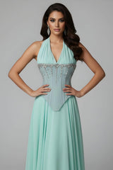 Charming Mint Halter Sleeveless Chiffon Prom Dresses A-Line Gem With Pleats-Ballbella