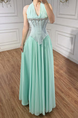Charming Mint Halter Sleeveless Chiffon Prom Dresses A-Line Gem With Pleats-Ballbella