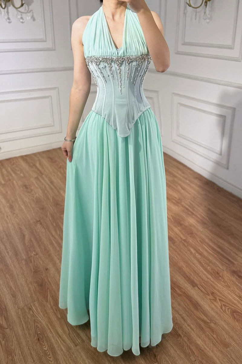 mint green halter prom dress Charming Mint Halter Sleeveless Chiffon Prom Dresses A-Line Gem With Pleats