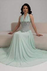 Charming Mint Halter Sleeveless Chiffon Prom Dresses A-Line Gem With Pleats-Ballbella