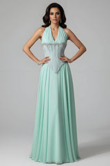 Charming Mint Halter Sleeveless Chiffon Prom Dresses A-Line Gem With Pleats-Ballbella