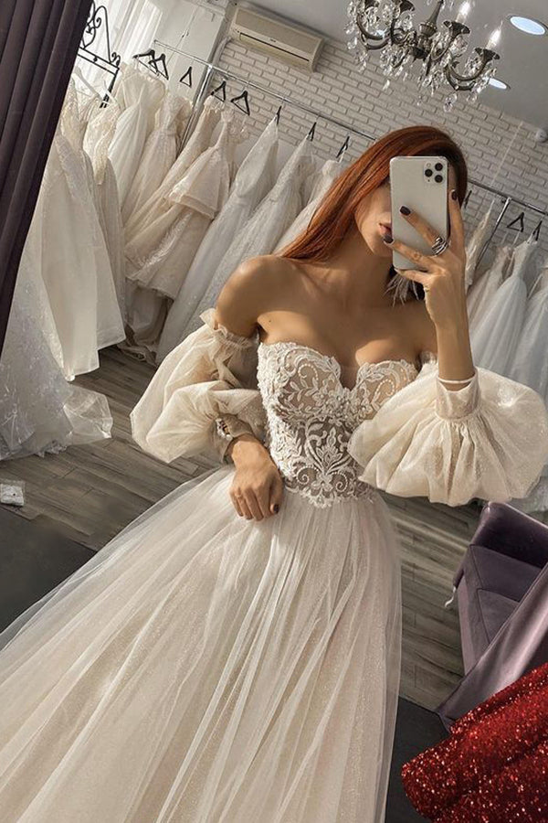 Charming Off the Shoulder Puffy Sleeves Aline Tulle Wedding Dress-Ballbella