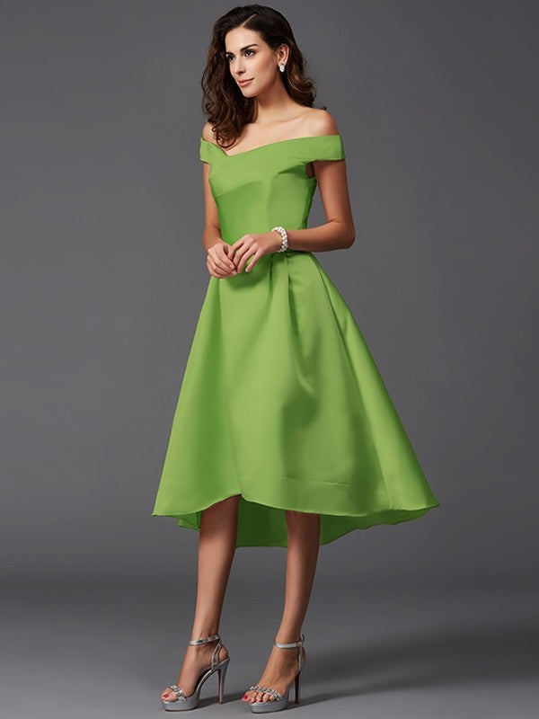 Charming Off-the-Shoulder Sleeveless High Low Satin Bridesmaid Dresses-Ballbella