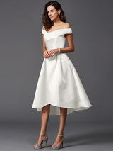 Charming Off-the-Shoulder Sleeveless High Low Satin Bridesmaid Dresses-Ballbella