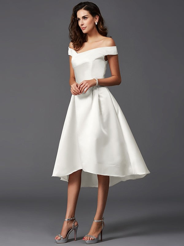 Charming Off-the-Shoulder Sleeveless High Low Satin Bridesmaid Dresses-Ballbella