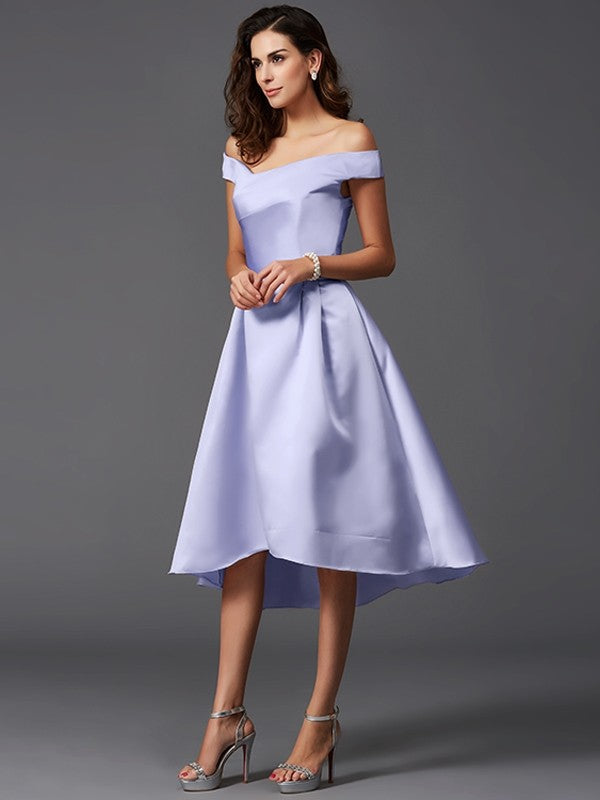 Charming Off-the-Shoulder Sleeveless High Low Satin Bridesmaid Dresses –  Ballbella