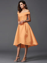 Charming Off-the-Shoulder Sleeveless High Low Satin Bridesmaid Dresses-Ballbella