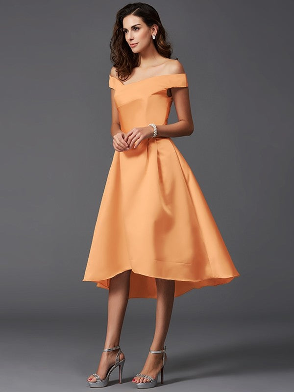 Charming Off-the-Shoulder Sleeveless High Low Satin Bridesmaid Dresses-Ballbella