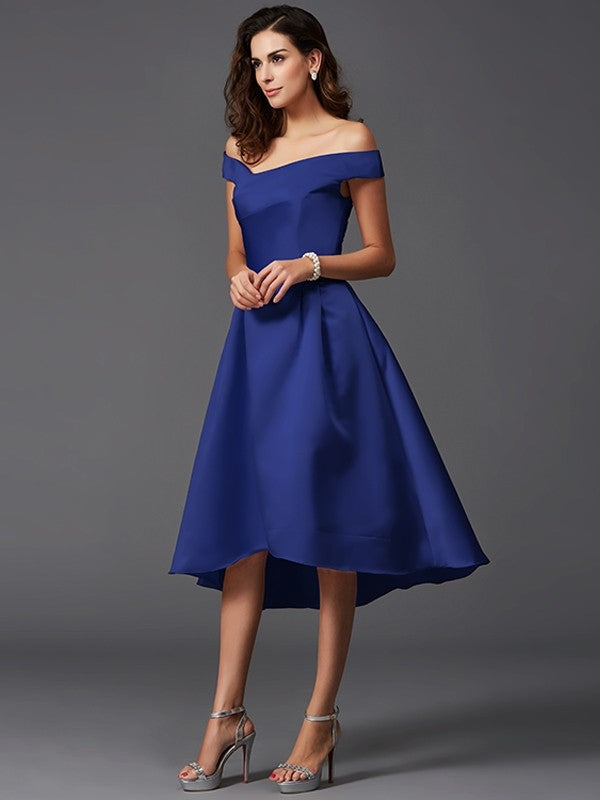 Charming Off-the-Shoulder Sleeveless High Low Satin Bridesmaid Dresses-Ballbella