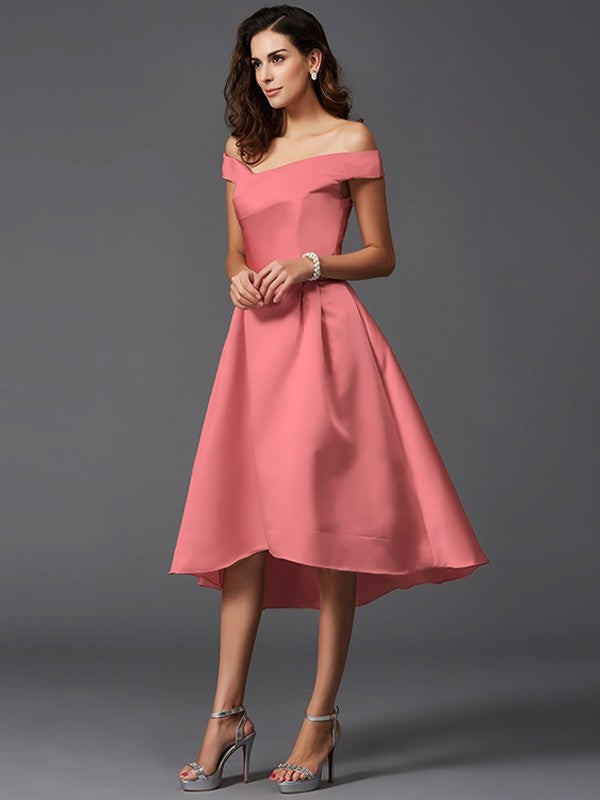 Charming Off-the-Shoulder Sleeveless High Low Satin Bridesmaid Dresses-Ballbella