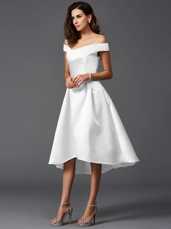 Charming Off-the-Shoulder Sleeveless High Low Satin Bridesmaid Dresses-Ballbella