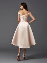 Charming Off-the-Shoulder Sleeveless High Low Satin Bridesmaid Dresses-Ballbella