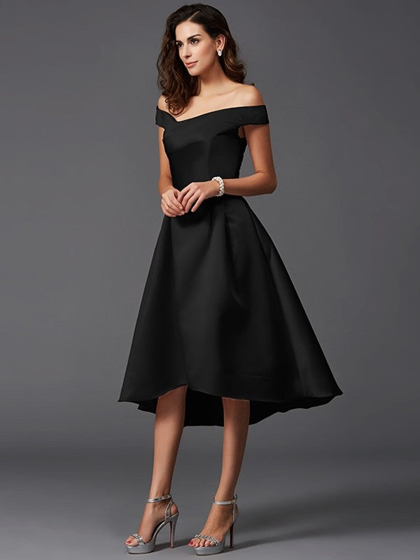 Charming Off-the-Shoulder Sleeveless High Low Satin Bridesmaid Dresses-Ballbella