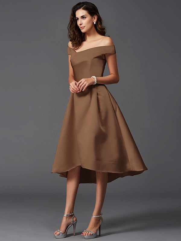 Charming Off-the-Shoulder Sleeveless High Low Satin Bridesmaid Dresses-Ballbella