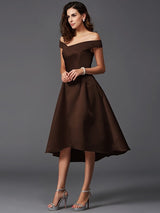 Charming Off-the-Shoulder Sleeveless High Low Satin Bridesmaid Dresses-Ballbella