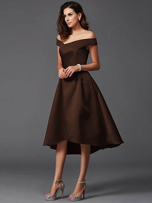 Charming Off-the-Shoulder Sleeveless High Low Satin Bridesmaid Dresses-Ballbella