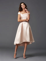 Charming Off-the-Shoulder Sleeveless High Low Satin Bridesmaid Dresses-Ballbella