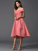 A-Line Charming Off-the-Shoulder Sleeveless High Low Satin Bridesmaid Dresses