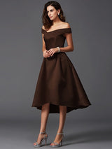 A-Line Charming Off-the-Shoulder Sleeveless High Low Satin Bridesmaid Dresses