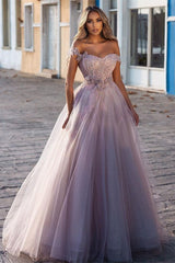 Charming Off-the-shoulder Tulle Prom Dress With Beads-Ballbella