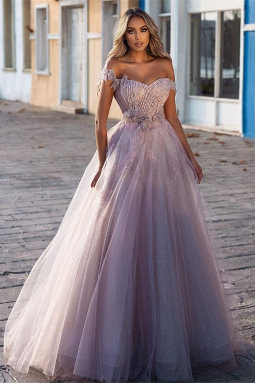 Charming Off-the-shoulder Tulle Prom Dress With Beads-Ballbella