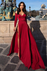 This awesome Off-the-Shoulder V-Neck Long Sleevess Front Slipt Prom Party Gowns will make you become the party queen. The V-neck, Off-the-shoulder bodice is fully lined,  and the skirt with Split Front to provide the flatter look of 100D Chiffon.