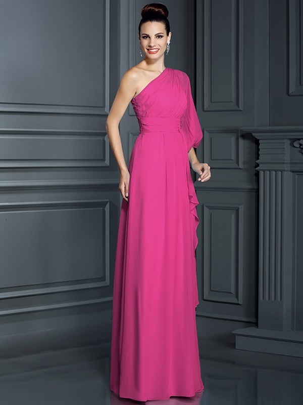 Charming One Shoulder 3/4 Sleeves Long Chiffon Bridesmaid Dresses-Ballbella