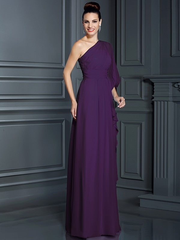 Charming One Shoulder 3/4 Sleeves Long Chiffon Bridesmaid Dresses-Ballbella