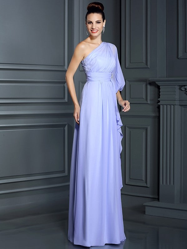 Charming One Shoulder 3/4 Sleeves Long Chiffon Bridesmaid Dresses-Ballbella