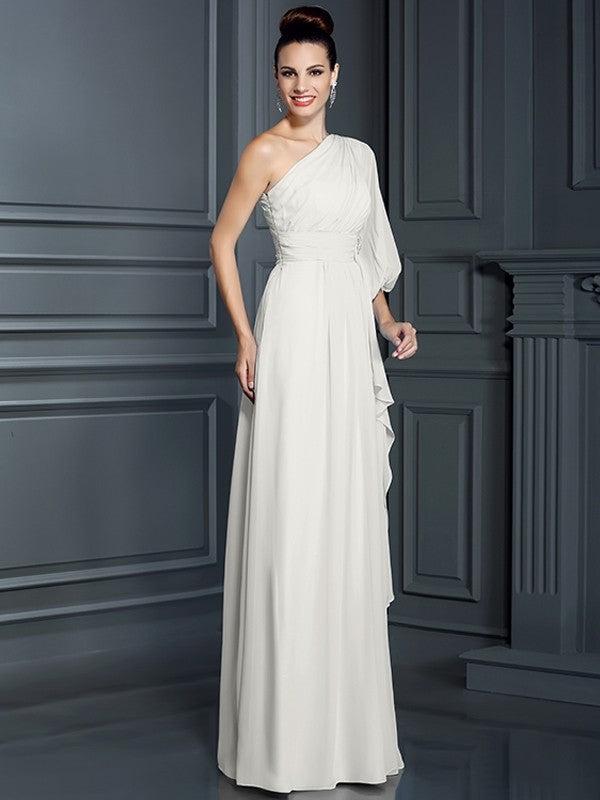 Charming One Shoulder 3/4 Sleeves Long Chiffon Bridesmaid Dresses-Ballbella
