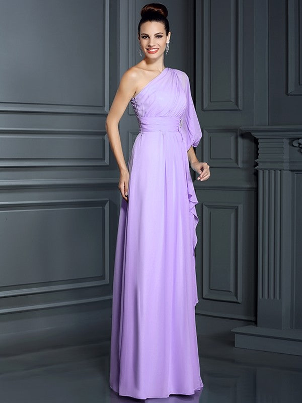 Charming One Shoulder 3/4 Sleeves Long Chiffon Bridesmaid Dresses-Ballbella